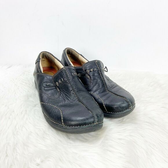 Unstructured Clarks 7.5 M Womens Black Leather Stitch Diabetic Comfort Shoes - Picture 1 of 12